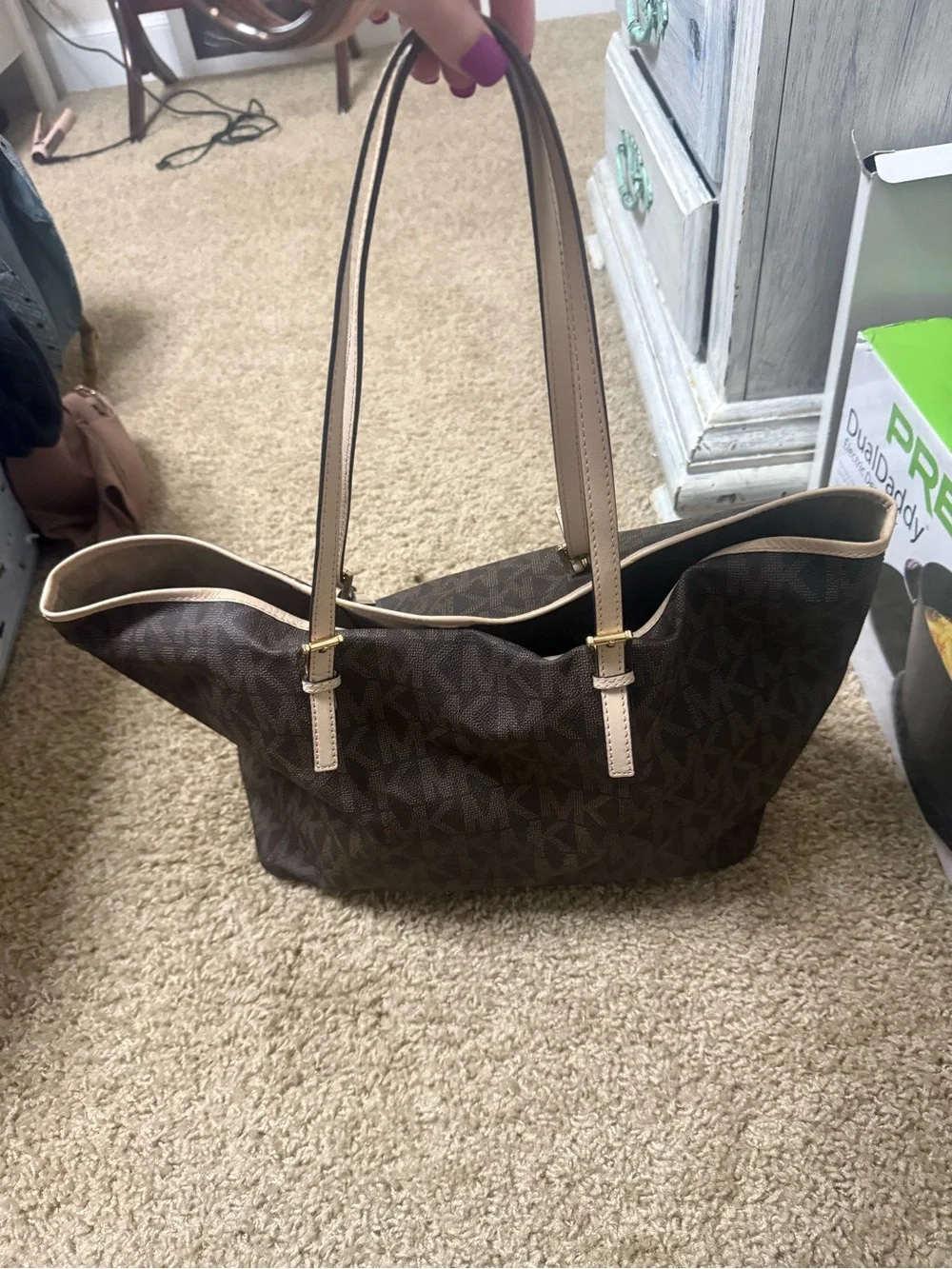 Michael Kors Brown Signature Logo Tote with Tan Trim and MK Charm
